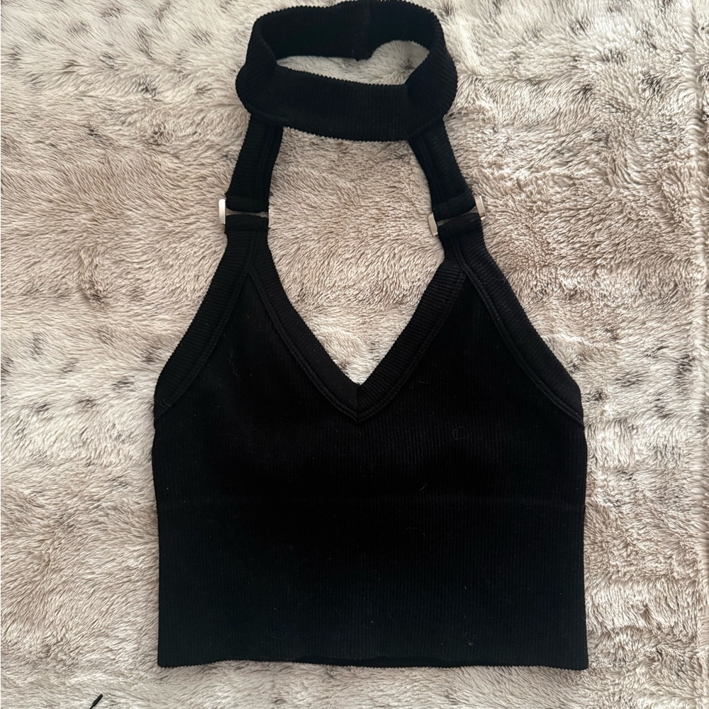 Metallic Black Halter Neck Crop Top